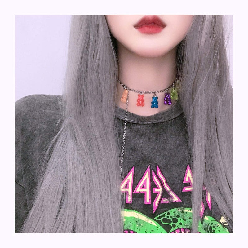 KURTCB Gummy Bear Necklace Colorful Resin Crazy Aesthetic Y2k Pendant Necklace for Women (Necklace Bracelet Hair Clip SET) - Image 5